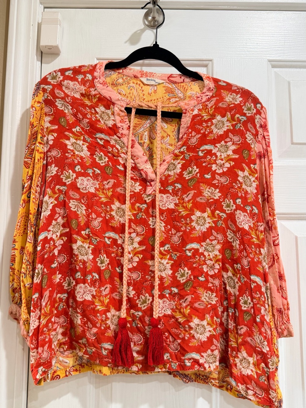 Tie-Front Floral Peasant Tunic - Red & Yellow